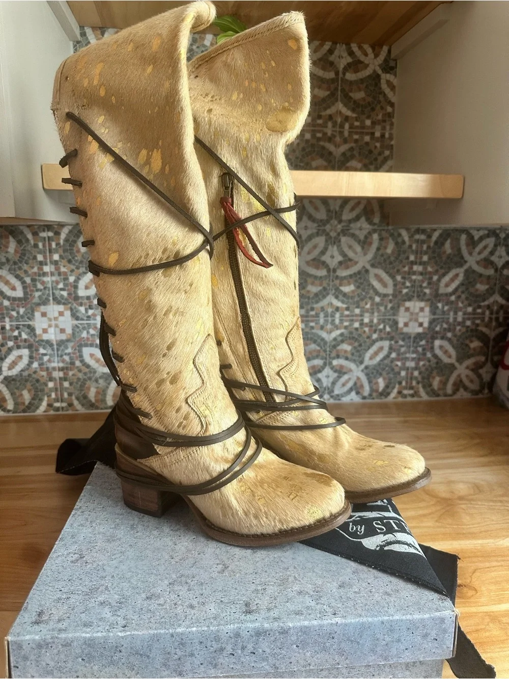 RARE Freebird by Steven Cream Cowhide Over-the-Knee Wrap Boots